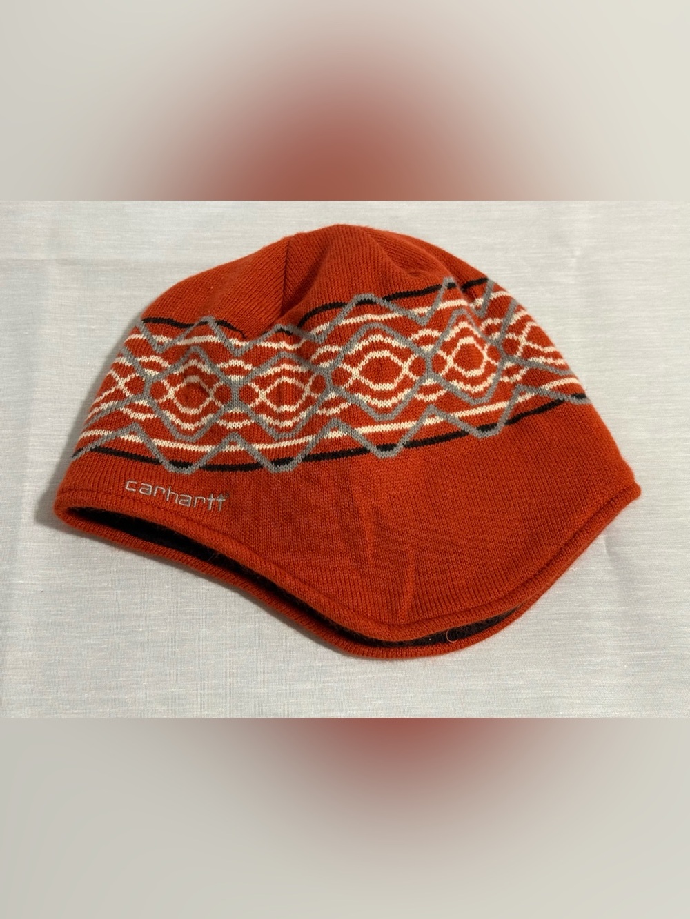 Carhartt Fleece Fair Isle Ear Flap Winter Beanie Hat Orange Graphic Knit